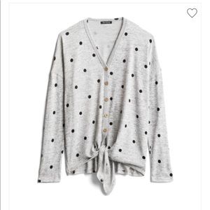 Polka dot tie front button down sweater